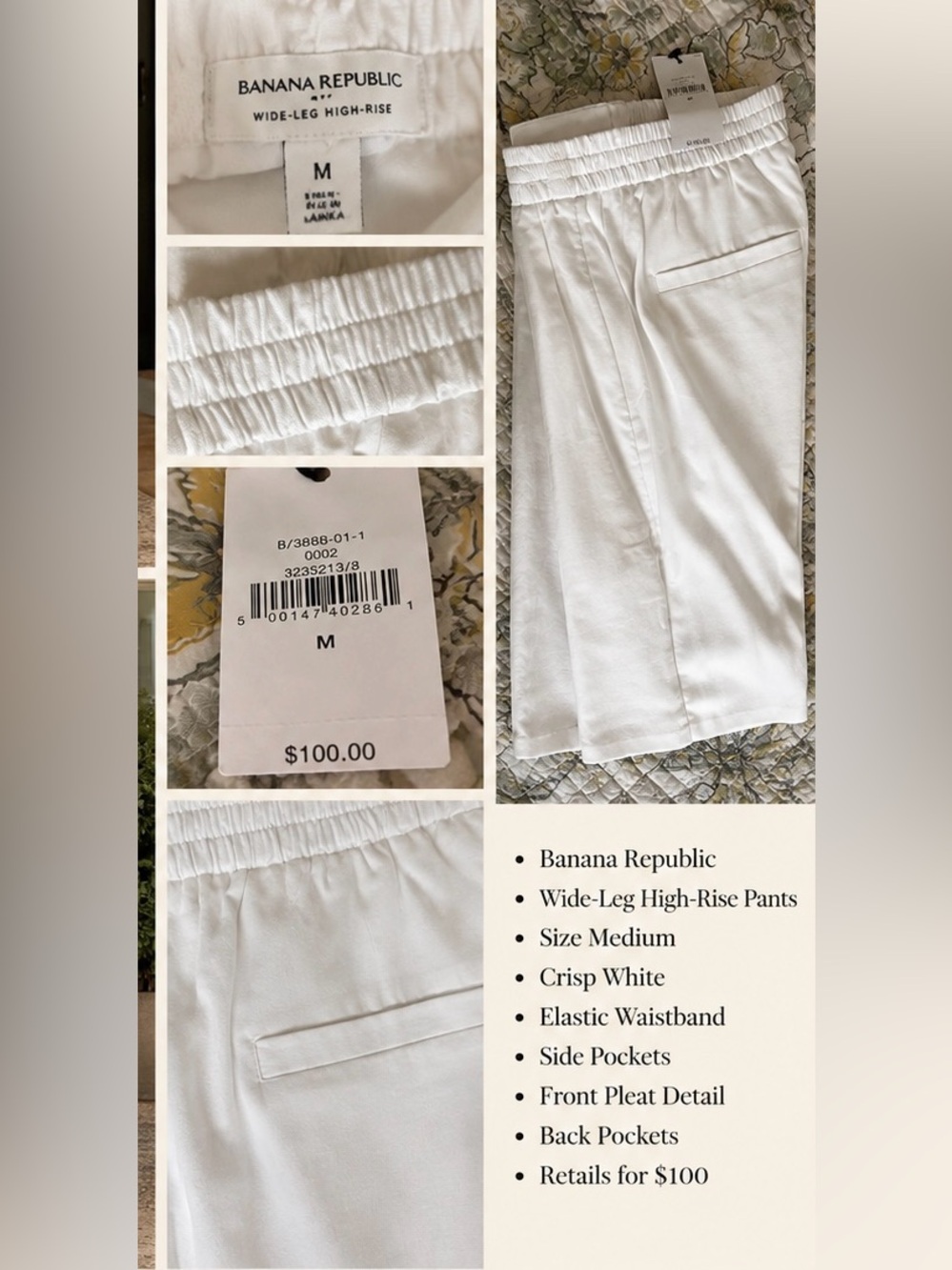 Banana Republic Wide-Leg High-Rise Pants in White - Medium NWT - Picture 2 of 2